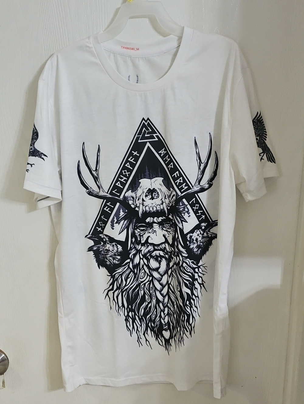White Graphic Tee with Viking Skull and Antlers